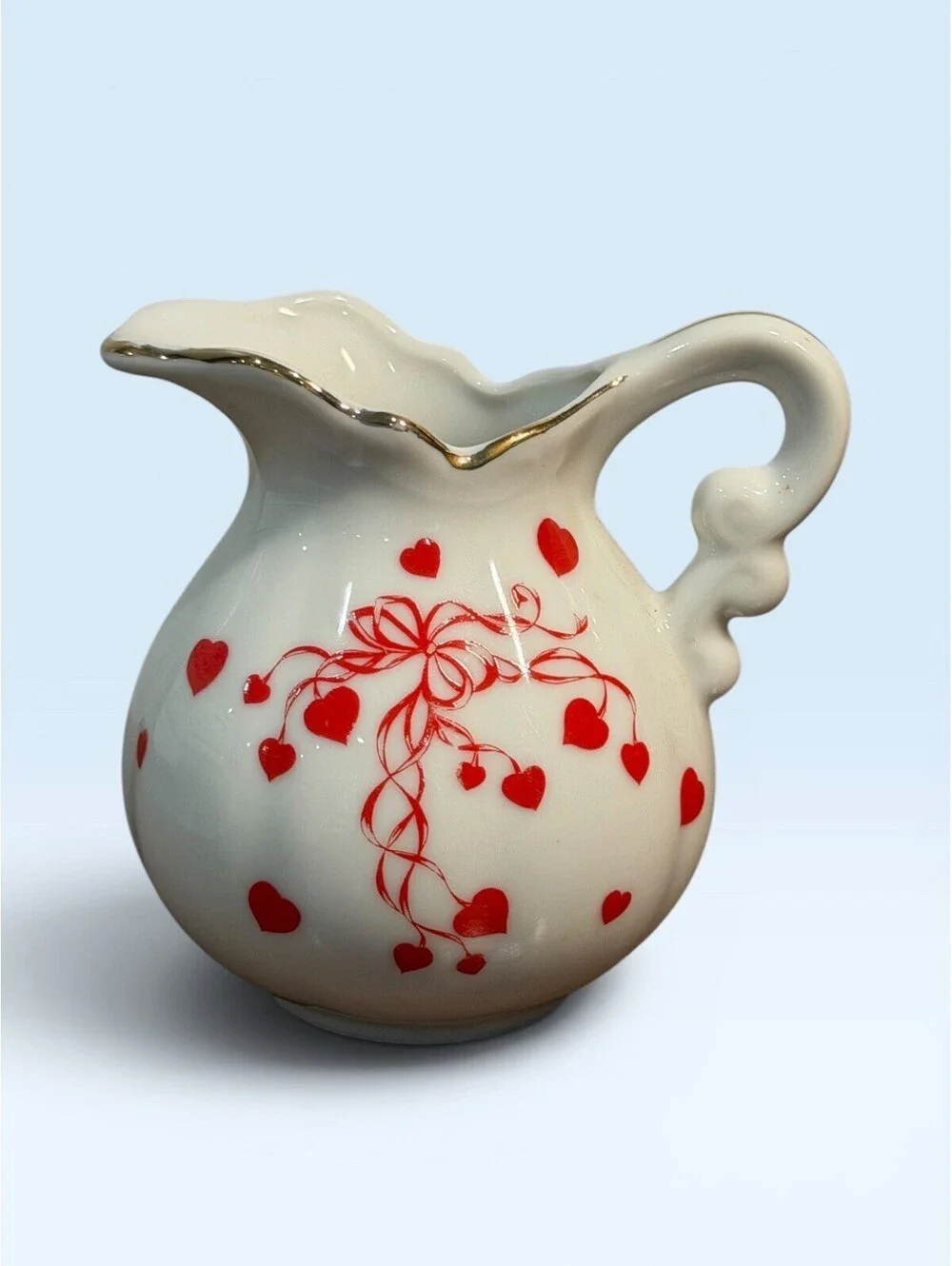 Vintage Lefton China Red Heart Mini Pitcher Red Hearts And Ribbons Design